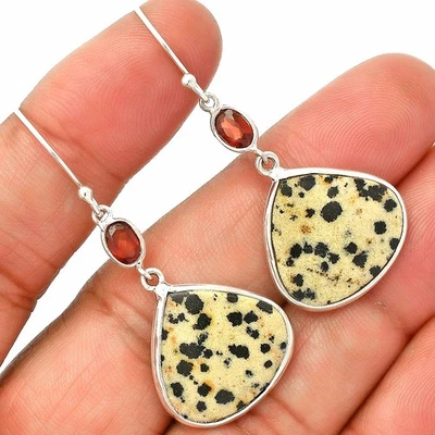 Natural Dalmatian & Garnet 925 Sterling Silver Earrings Jewelry E-1002 - Image 1 of 4