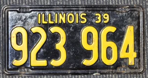 Vintage Black Yellow Illinois License Plate 1939 923 964 1 Piece - Picture 1 of 2