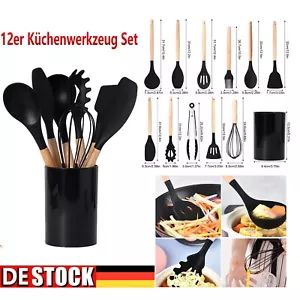 12er Küchenwerkzeug Set Küchenutensilien Silikon Holz Halter Küchenhelfer Löffel - Bild 1 von 13