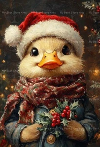ENTE WEIHNACHTSMANNMÜTZE KUNSTDRUCK, Vogel Weihnachten Wanddeko, Tier Urlaub Poster E685 - Bild 1 von 3