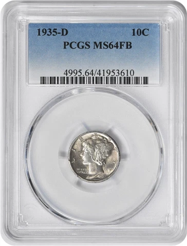 1935-D Mercury Silver Dime MS64FB PCGS Cover