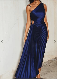 Dress Forum One-Shoulder Satin Pleated Cut Out Asymmetrical Dress Navy Blue Medi - Picture 1 of 9