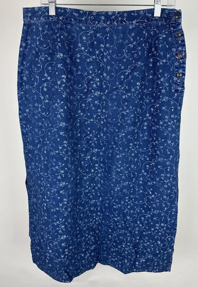 Maxi Falda Vintage Años 90 Índigo L Mezcla de Lino Estampado Floral Botánico Grunge Modesto Foto 1 de 4