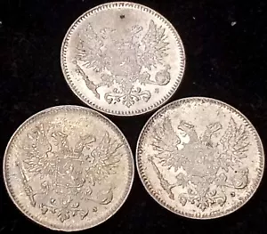 Finland **1917 Imperial Russia Mint-Last Year** 50 Pennia km#2.2 - 3 Silver Coin - Picture 1 of 2