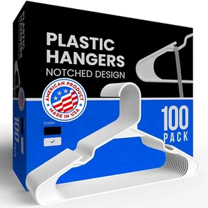 100P White Plastic Hangers - Notched Design, Durable & Space-Saving, Made in USA - Picture 1 of 6