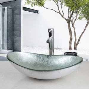 SF Oval Bathroom glass basin sink bowl with combo waterfall Chrome faucet set - Bild 1 von 12
