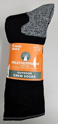 5 Pair Pack Weatherproof Outdoor Wool Blend Crew Sock Size 6-12 Black Gray Heel - Image 1 of 4