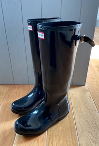 Hunter Womens Original Tall Black Patent Gloss Wellington Boots Size UK 7 - Picture 1 of 16