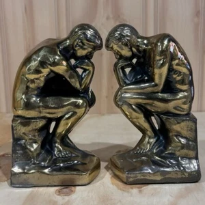 Vintage Messingoptik Metall Rodin’s Thinker Statue Buchstütze 2er Set Art Deco 1928 - Bild 1 von 8