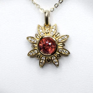 Orangy Red Sapphire and Diamonds Flower Pendant in 18K Yellow Gold - Picture 1 of 7