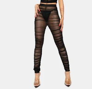 Black Sheer Leggings Cut out Tassle Ripped Sexy Club-wear Fitted Bodycon S M L - Picture 1 of 10
