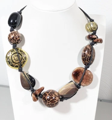 Collar de cordón tribal grueso acrílico acrílico cerámica marrón estampado animal costero 20 pulgadas Foto 1 de 4