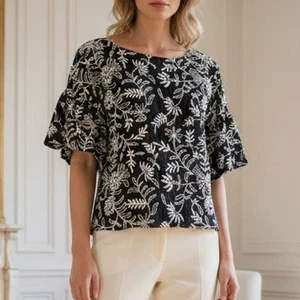 By Anthropologie Top schwarz weiß Blumen bestickt XS - Bild 1 von 10