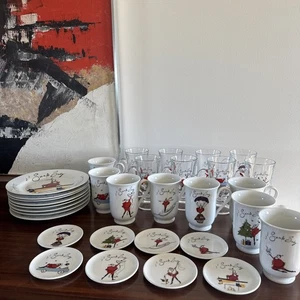 POTTERY BARN Santa Baby 32 Pieces! Dessert Plates, Mugs, Footed Mugs, Coasters - Picture 1 of 18
