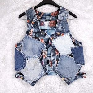Handmade Denim Jean Pocket Vest Southwestern Reversible Cutout - Picture 1 of 8