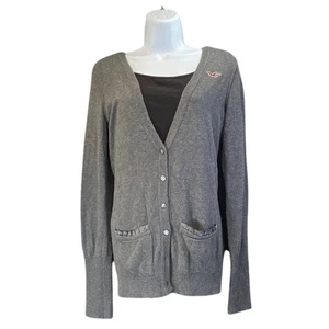 Hollister Y2K Strickjacke Damen L grau V-Ausschnitt Rüschen Taschen Langarm MÄNGEL - Bild 1 von 10