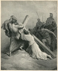 Gustave Dore CRUCIFIXTION JESUS CHRIST CARRYING CROSS 1890 antique engraving - Picture 1 of 4