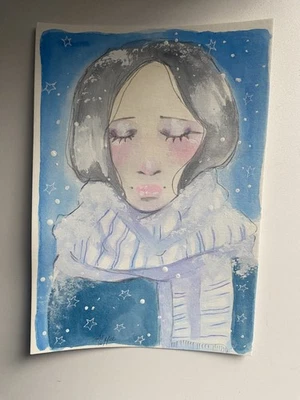 Pintura Fantasía Niña Ángel Estrella Celestial Sobre Papel Acuarela 6x9 Foto 1 de 4