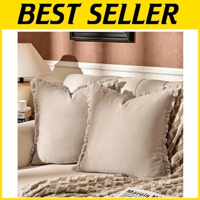 Soft and Cozy 20" Square Linen Pillow Covers with Fringed Tassels - 2 Count - Image 1 of 4