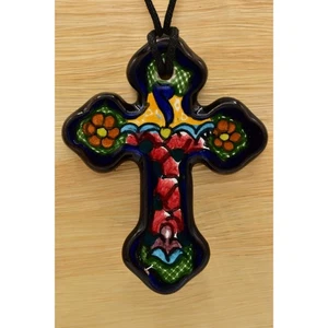 Collana Croce Vintage Croce Ceramica Porcellana Dipinta Floreale Artigianale BinA17 - Foto 1 di 12