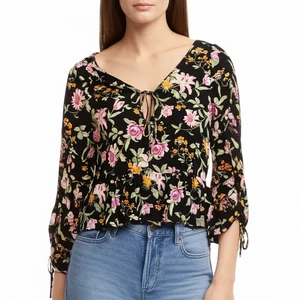 American Eagle Outfitters schwarze Bluse Blumendruck Bindemanschette Schößchen Small - Bild 1 von 9
