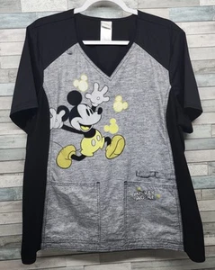 Disney Mickey Mouse Scrub Top Womens XL Black V-Neck Pockets Stretch - Picture 1 of 10