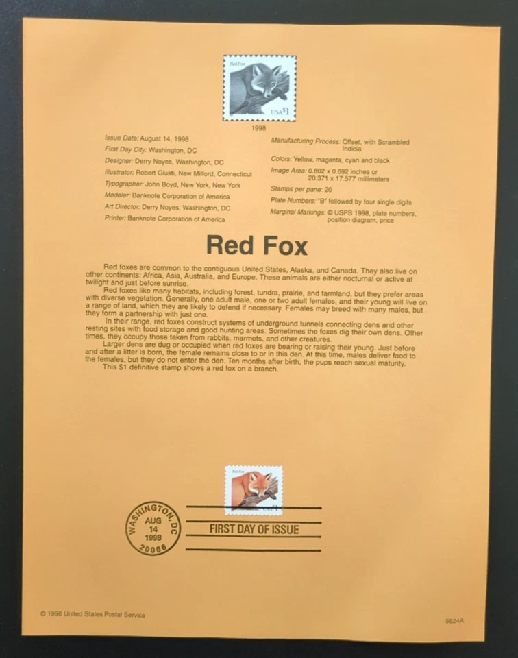 $1.00  Red Fox 1998 SOUVENIR PAGE SCOTT # 3036 SP1134 - Image 1 of 1