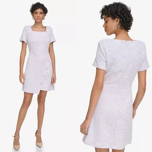 Calvin Klein Short-Sleeve Faux-Wrap Sheath Dress Tweed Purple NWT Size 12P - Picture 1 of 7