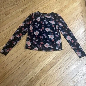 American Eagle Floral Mesh Long Sleeve Top XS Sheer Black Pink Grunge Y2K - Picture 1 of 8