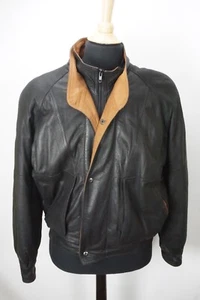 Neiman Marcus Black Brown Double Collar Zip Up Bomber Leather Jacket Sz 40 - Picture 1 of 7