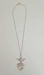 RARE Sterling Silver Angel Heart Pendant w/ Flower & Bow Necklace-18" Chain - Picture 1 of 10