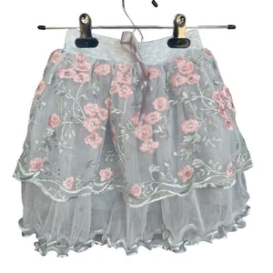 Tutu Skirt Girls Size 140/10 Embroidered Floral Layered Fluffy Pull On Gray Pink - Picture 1 of 10