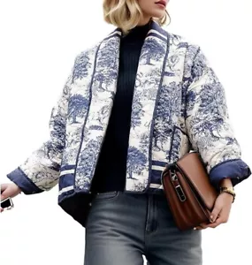 Women's Cropped Puffer Jacket Lightweight Floral Printed Open Small Blue Floral - Picture 1 of 7