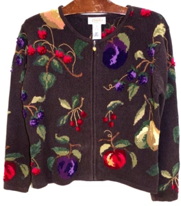 C6 Vintage Talbots Zip Cardigan Sweater Petite P Brown Knit 3D Fruit Embroidered - Picture 1 of 8