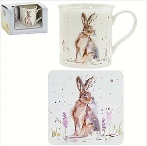 Country Hare Mug & Coaster Gift Set Coffee Cup Birthday Present Nature Rabbits - Picture 1 of 1