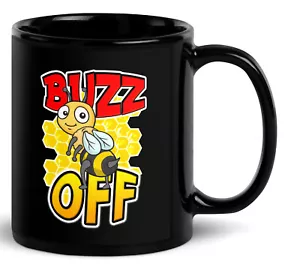 Buzz Off schwarzer glänzender Becher - kalter oder heißer Keramikkaffee - Honigbienenliebhaber - Bild 1 von 7