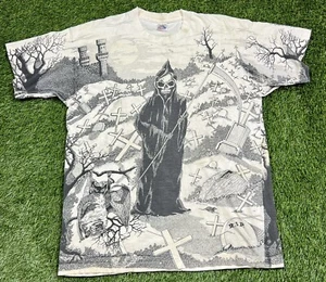Camiseta vintage años 90 Screen Shop Grim Reaper Cemetery AOP para hombre XL EE. UU. Horror - Imagen 1 de 12