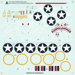 Accurate Miniatures scala 1/48 B-25C Mitchell - Decalcomanie dal kit n. 3431-0300 - Foto 1 di 1