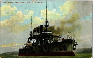 Vintage Schiff Postkarte Schlachtschiff Nebraska im Hafen von Seattle WA verschickt 1912 RPO - Bild 1 von 3