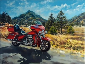 HARLEY-DAVIDSON MOTORRAD ORIGINAL Ölgemälde Malerei Kunst Landschaft Gemälde Art - Picture 1 of 2