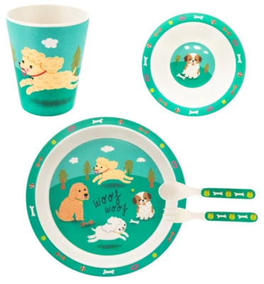 Sass & Belle childrens bamboo dining set. Puppy / dog. Plate, bowl, cup, cutlery - Image 1 of 2