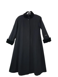 F5) VTG DONNYBROOK 90s Womens Trench Coat Size 10 Long Wool Faux Fur Trim Black - Picture 1 of 10