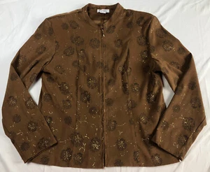Dressbarn Pullover Damen Größe L Braun Gold Glitzer Blumen Sterne Reißverschluss - Bild 1 von 8
