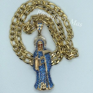 Blau Santa Muerte goldgefüllter Anhänger mit 26" Halskette Strasssteine Heiliger Tod - Bild 1 von 2
