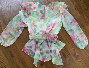 Vintage kaftan cardigan green pink floral SZ 10 waist belt Ursula Switzerland - Picture 1 of 12