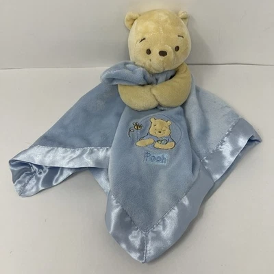 Disney Baby Winnie the Pooh Lovey Manta de Seguridad Azul Felpa Sonajero Borde Satinado Foto 1 de 4