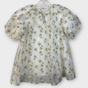 Neu ohne Etikett Mazik Large Mini Swing Kleid weiß rosa grün Blumen Puffärmel Boutique - Bild 1 von 2