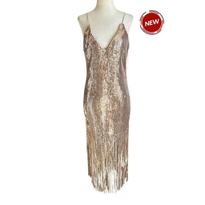 Forever 21 roségoldfarben gefüttert Fransen Midi Partykleid Damengröße Medium neu mit Etikett 75-6 - Bild 1 von 7