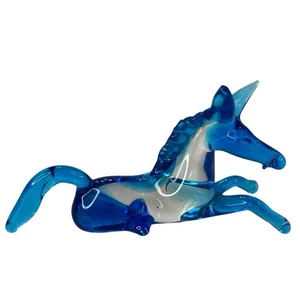 Vintage Horse Figurine In Teal Blue & Clear Art Glass Small 4” - Picture 1 of 8