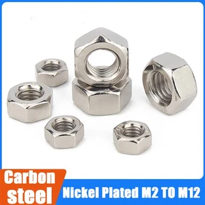 M2 to M12 Metric Hexagonal Steel Full Nuts Standard Pitch Nickel Plated DIN 934 - Picture 1 of 7